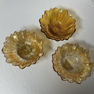 VTG  (3) Indiana Iridescent Carnival Glass Sunflower Marigold Amber 7"x 4" Bowls